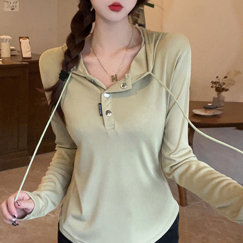 Casual Hooded Sports Sweater Women's Autumn Irregular Design Slim-fit Slimming Short Shoulder Top Base Shirt