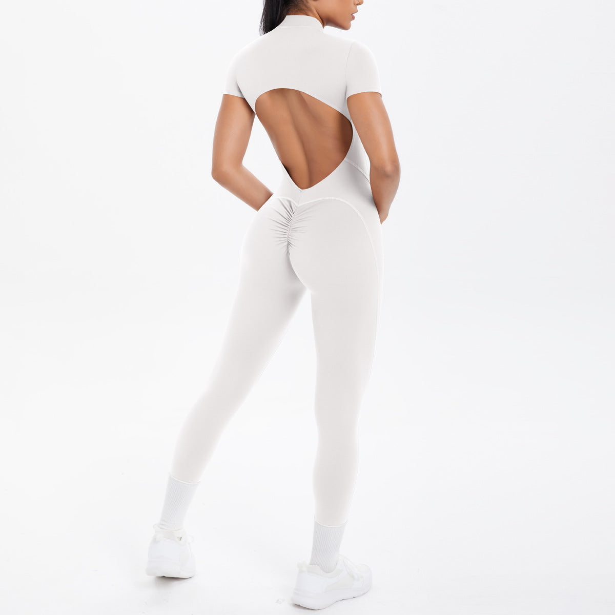 Sexy Backless Bodycon Scrunch Jumpsuit Raises Butt Women Dance Fitness Overalls Push Up With Chest Cushion Yoga Sport Jump Suit