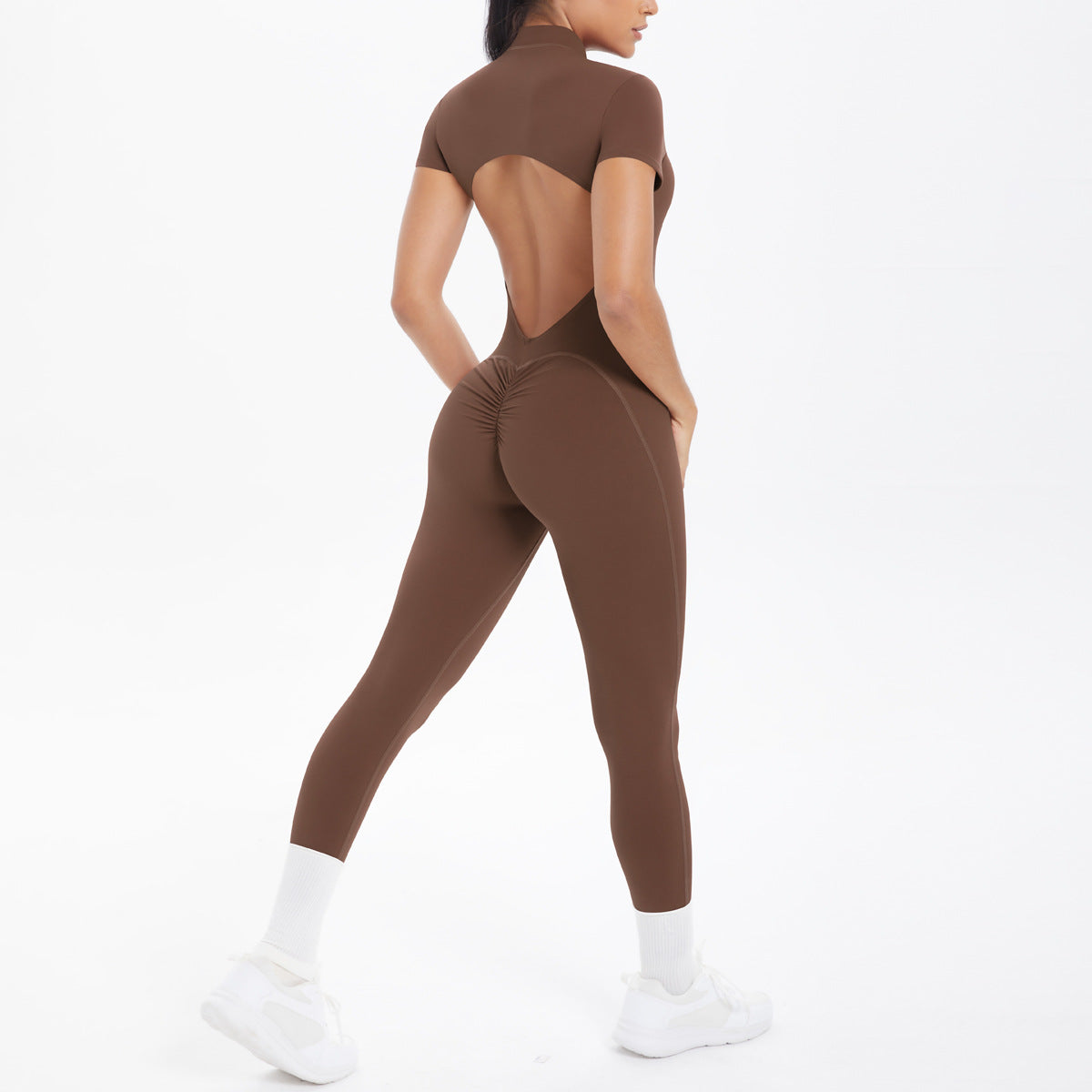 Sexy Backless Bodycon Scrunch Jumpsuit Raises Butt Women Dance Fitness Overalls Push Up With Chest Cushion Yoga Sport Jump Suit