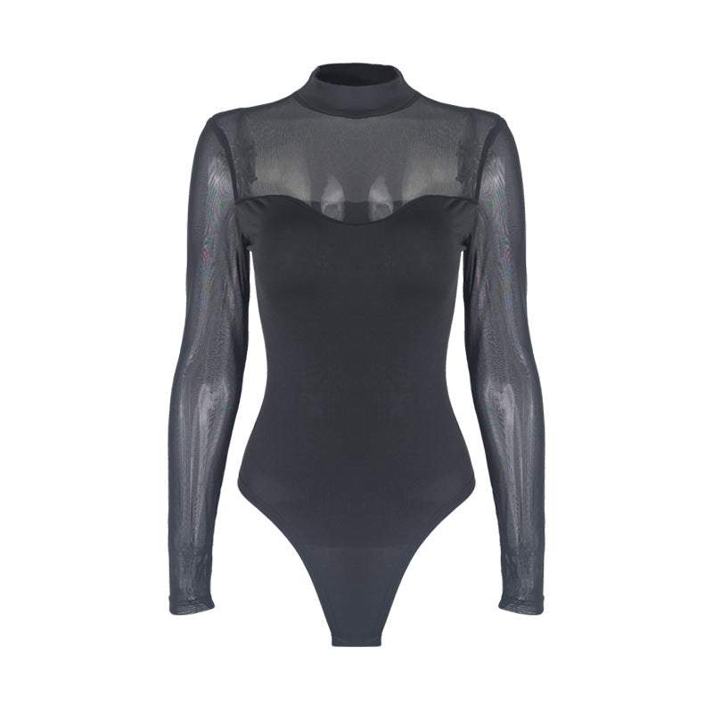 European and American Sexy Pull Sister Black Mesh Stitching Long-sleeved 2025 Summer New Slim-fit Slim-fit Base jumpsuit for Women