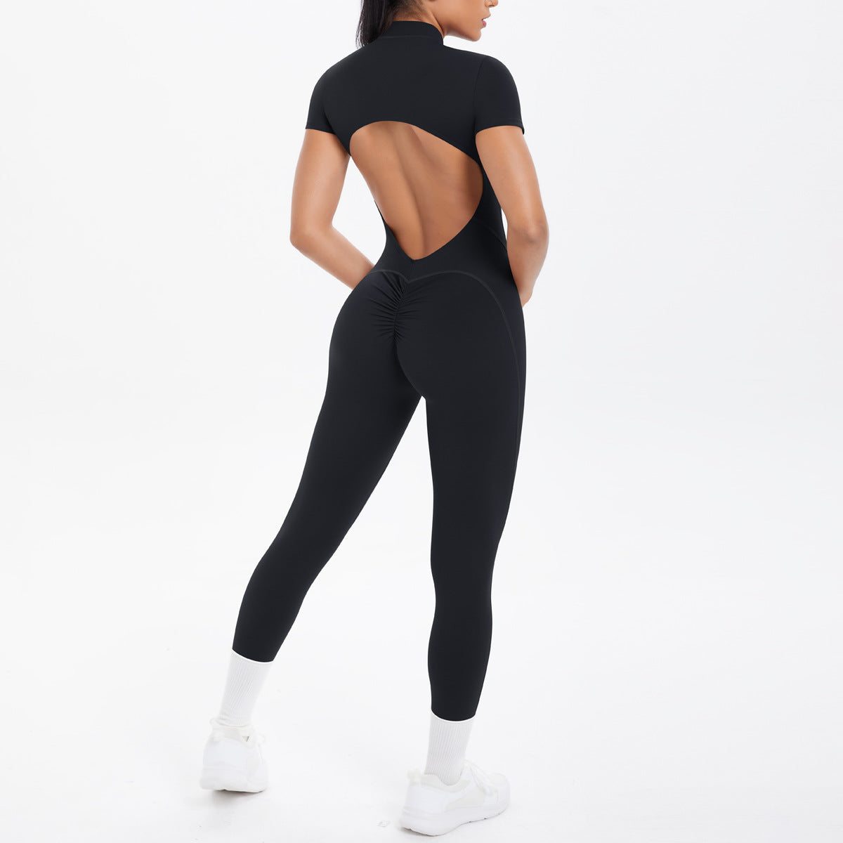 Sexy Backless Bodycon Scrunch Jumpsuit Raises Butt Women Dance Fitness Overalls Push Up With Chest Cushion Yoga Sport Jump Suit