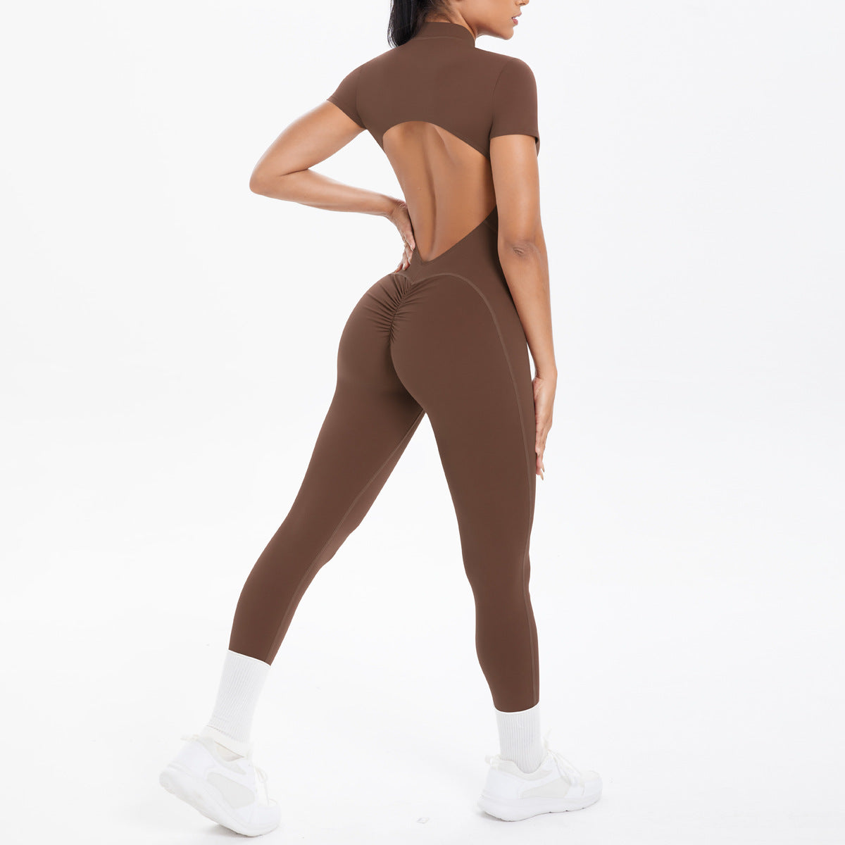 Sexy Backless Bodycon Scrunch Jumpsuit Raises Butt Women Dance Fitness Overalls Push Up With Chest Cushion Yoga Sport Jump Suit