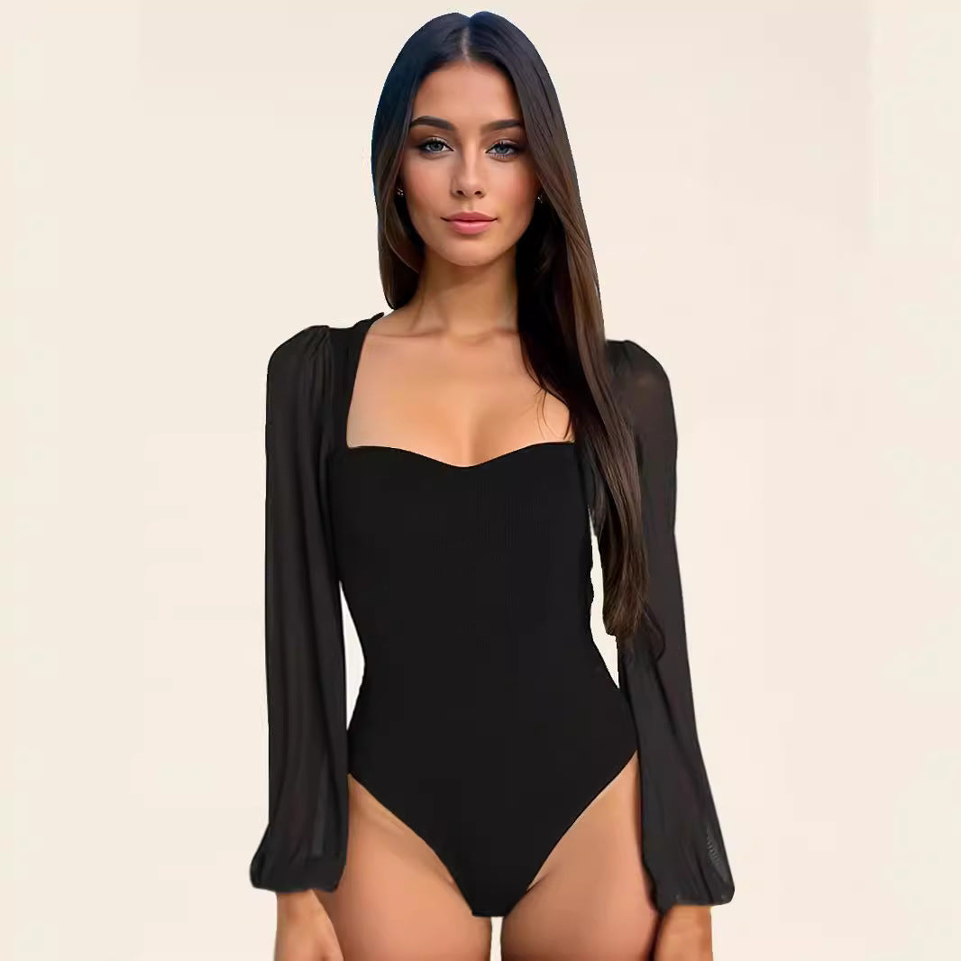 2025 autumn new European and American tights sexy fashion stitching mesh lantern sleeve jumpsuit women's bodysuit