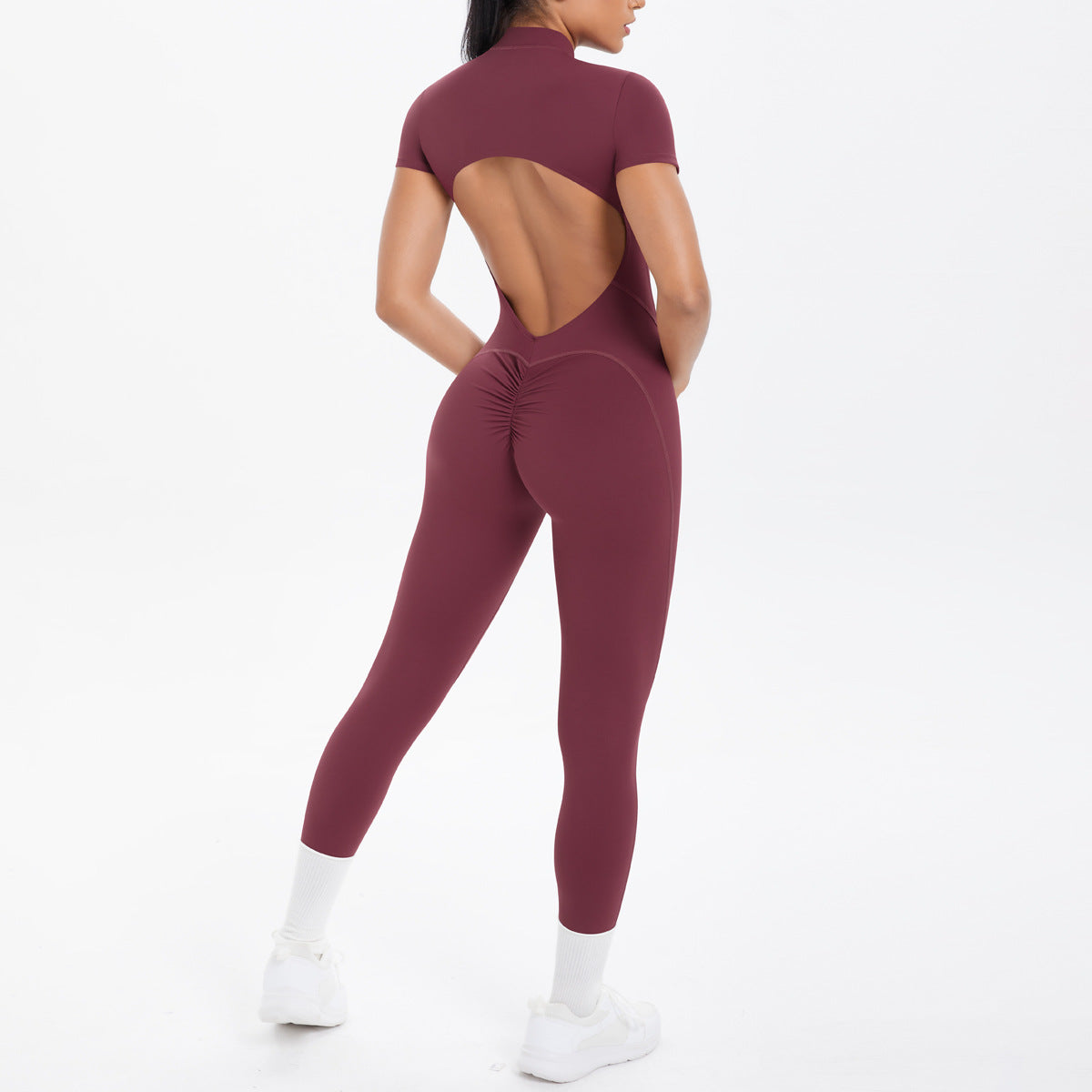 Sexy Backless Bodycon Scrunch Jumpsuit Raises Butt Women Dance Fitness Overalls Push Up With Chest Cushion Yoga Sport Jump Suit