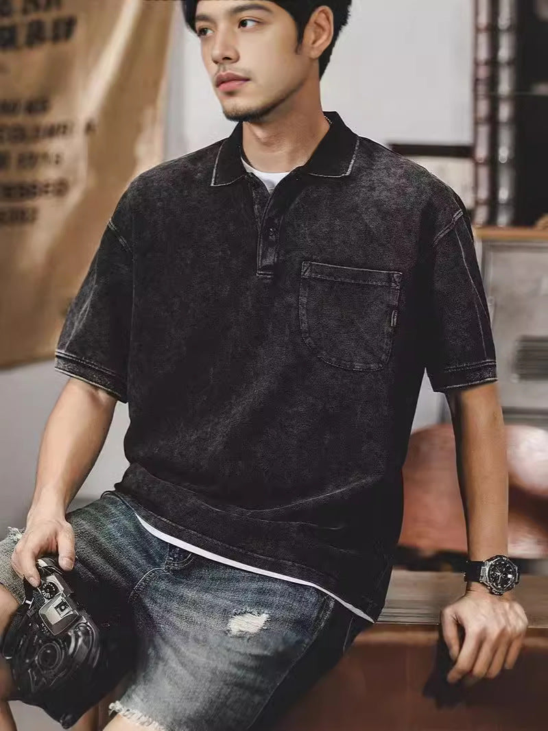American retro 260g heavyweight T-shirt men's short sleeve summer fashion brand loose plus size men's casual POLO shirt