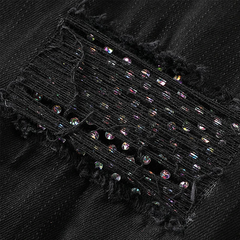 Men's Slim-Fit Distressed Jeans with Rhinestones