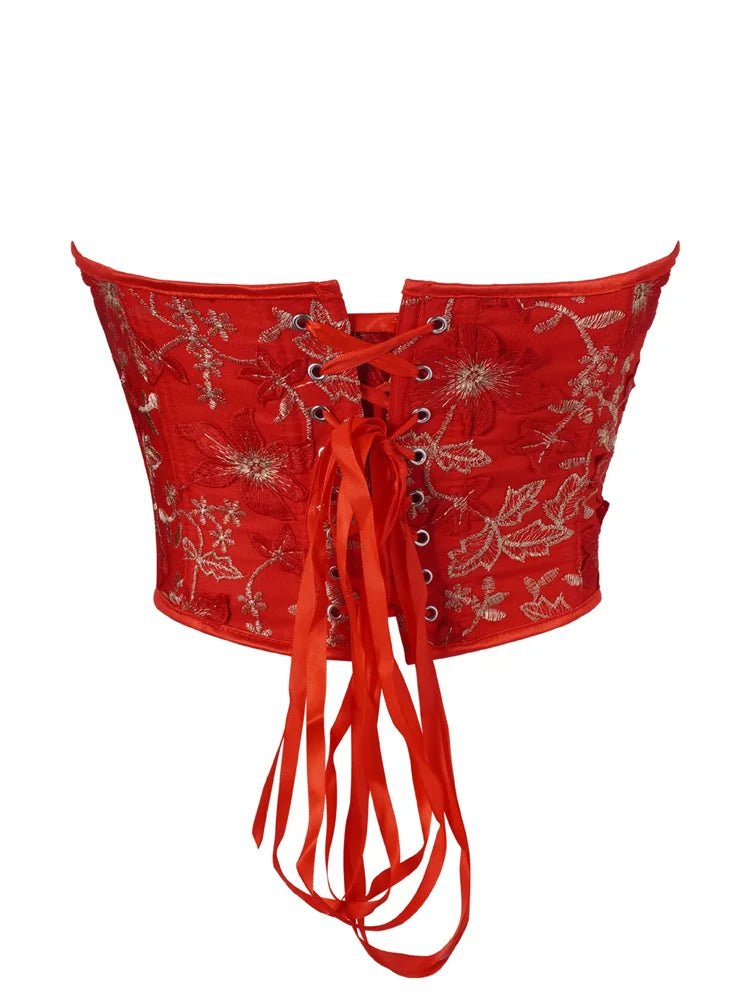 Sexy Women Overbust Corsets Crop Tops Golden Printed Bustiers Lace Up Body Shaper Lingerie Gothic Corselet