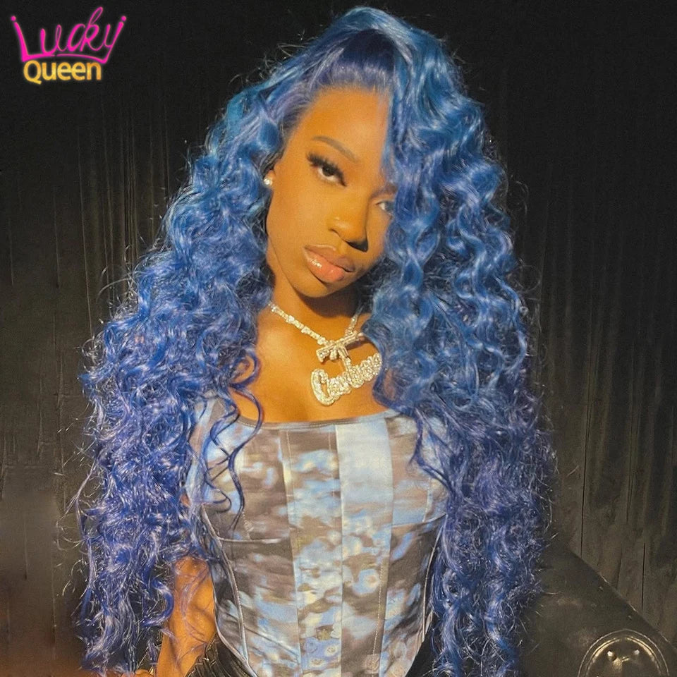 Midnight Blue Loose Wave Brazilian Human Hair Wig Dark Blue Pre Plucked For Women 13X4 180 Density Transparent Lace Frontal 13X6