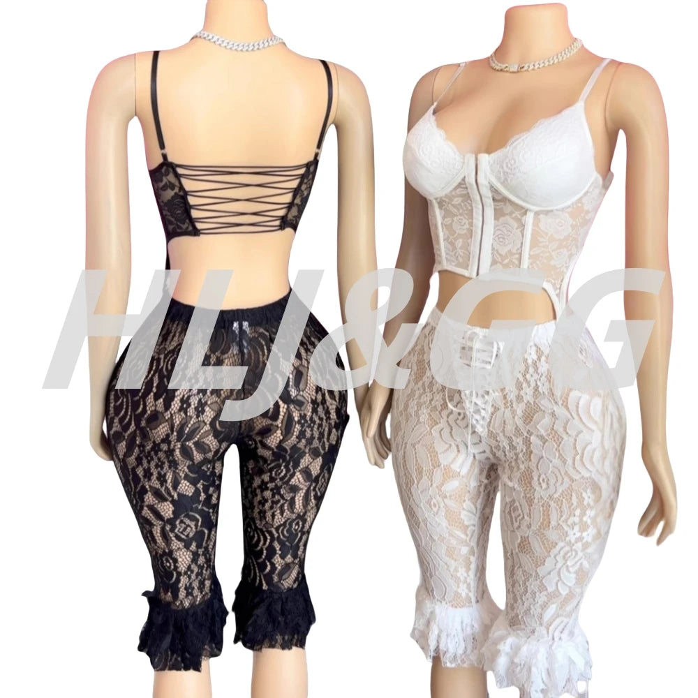 HLJ&GG Sexy Lace See Though Bandage Skinny Shorts Two Piece Sets Women V Neck Spaghetti Strap Slim Crop Top And Shorts Outfits