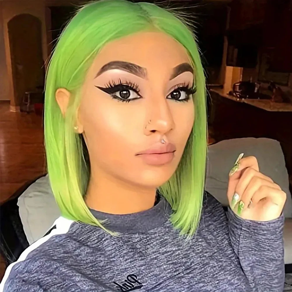 Short Straight Lime Green Lace Bob Wigs Human Hair Wigs Brazilian Remy Lace Frontal Wig Colored Lace Front Wig For Women