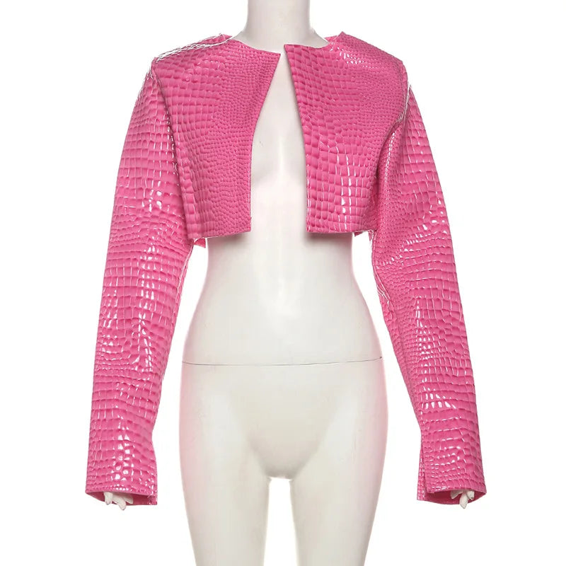 HLJ&GG Fashion Y2K Hot Girl Streetwear Women Leather Long Sleeve Crop Jacket+Bodysuits+Button Shorts 3 Piece Sets Outfits 2025