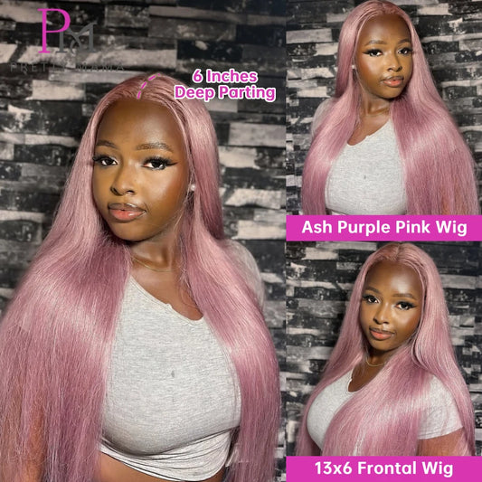 13x6 Ash Purple Pink Human Hair Wig 250 Density Lace Frontal Wig Bone Straight Lace Front Wig Human Hair Rose Gold Colored Wigs