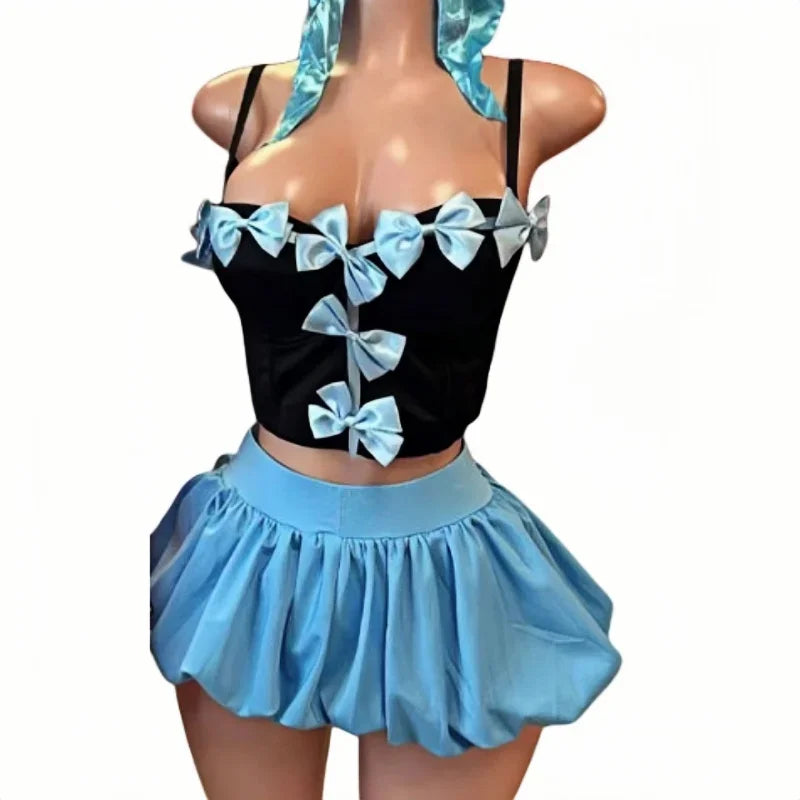 HLJ&GG Sweet Bow Fashion Corset Vest Two Piece Sets Women Thin Strap Slim Tank Top + Puffy Mini Skirts Outfits Female Streetwear