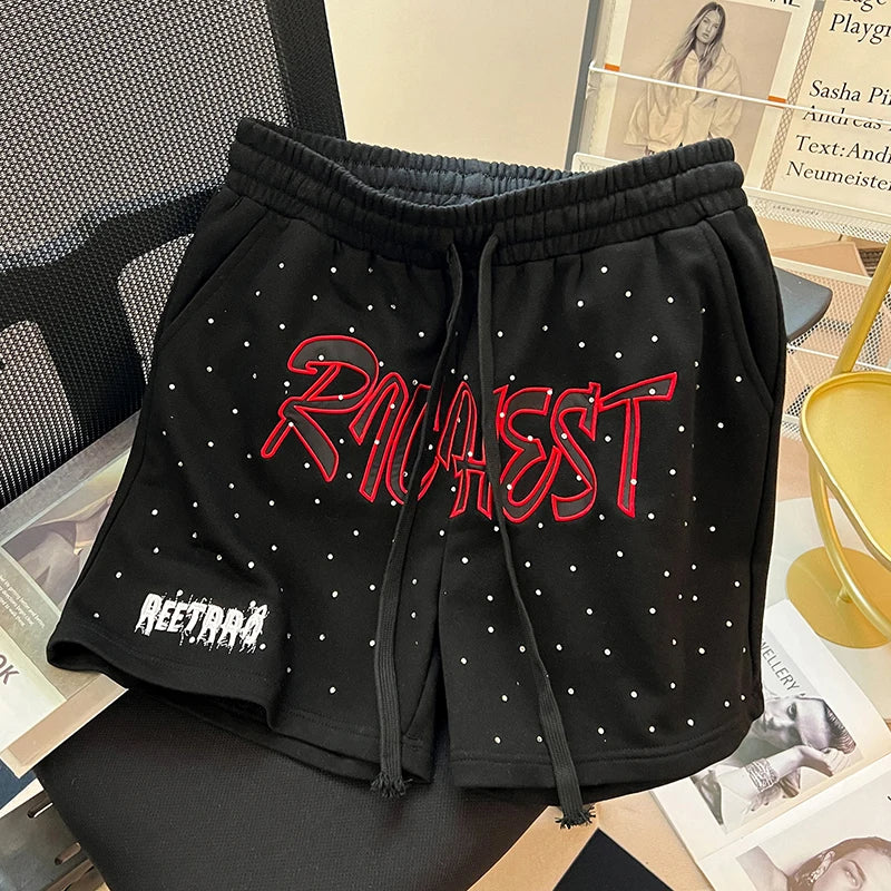 Diamond Patch Embroidered Letter Logo Casual Shorts Loose Drawstring Shortpants Jorts for Men Women