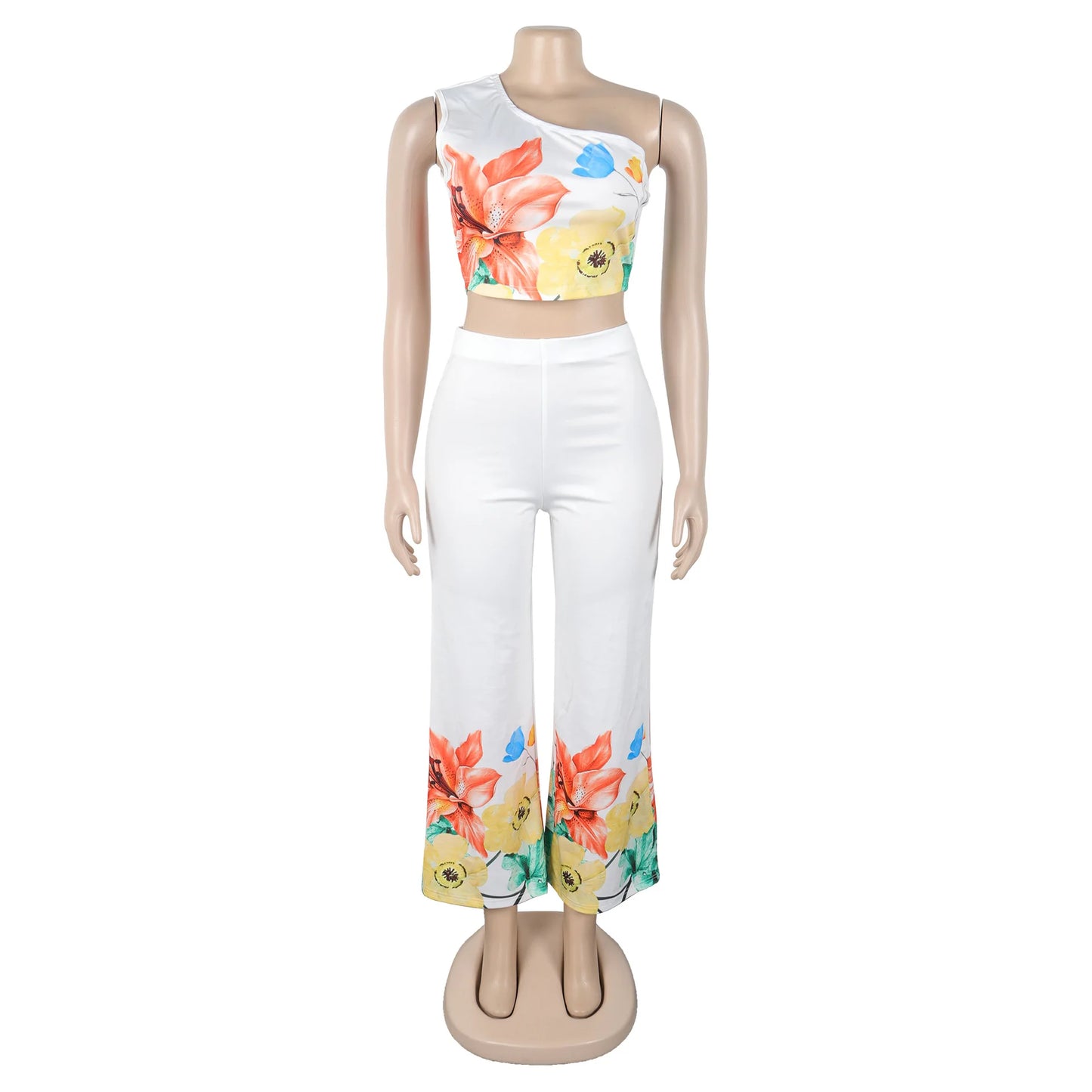 Kricesseen Women's Floral Jumpsuits 2 Piece Outfits Elegant Flower Print Crop Top And Wide Legs Pant Set Clubwear Overalls