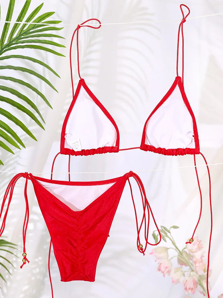 Sexy Bikini Set Triangle Swimwear For Women Micro Bathing Suit Pleated Red Swimsuit Females Bikinis Thong Biquinis