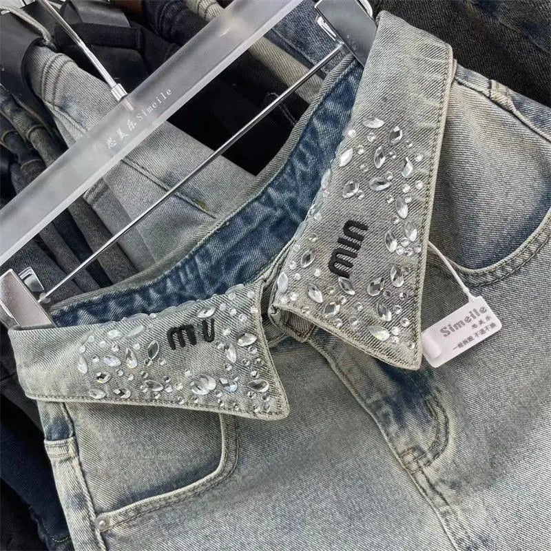 Vintage Fashion High Waist Diamonds A-line Skirt Trend Sexy Pocket Skirt Clothing Fashionable Distressed Mini jeans skirt