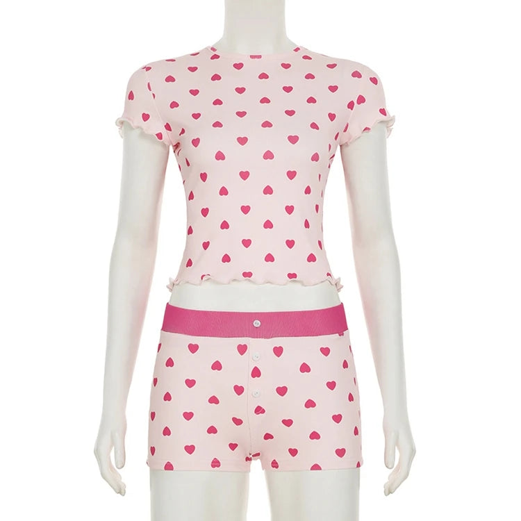 STYLISH LADY Heart Printed 2 Piece Set Women Short Sleeve Crop Top and Shorts Suits 2025 Summer Valentine's Day Home Sleepwear