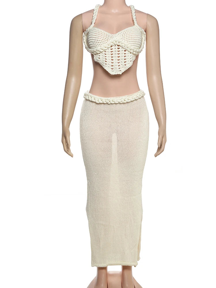 Weird Puss Crochet Shirring 2 Piece Set Women Cross Bandage Backless Irregular Tops+Solid Long Skirts Vacation Beach Style Suits