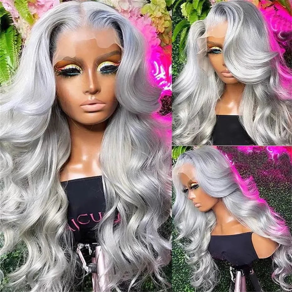 100% Vietnamese Silver Grey Lace Front Wig Human Hair Lace Frontal Wig Body Wave 13x4 HD Lace Platinum Blonde Colored Gray Wigs