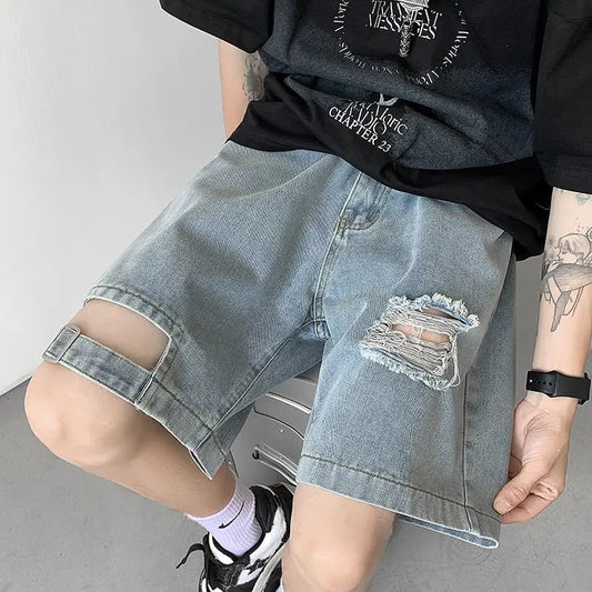Denim Summer Thin American Ripped Denim Versatile Loose Casual Mid-sized Pants, men's jeans