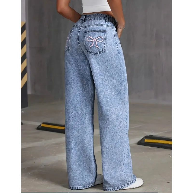 Wide Leg Jeans High waisted Bow Embroidered Pocket Wide Leg Jeans Fashionable ladies Trousers Casual Style