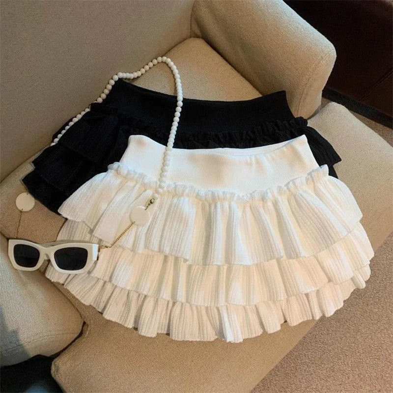 Sweet Puffy Cake Women Skirts Korean Fashion Ruched Ruffle Mini Skirt Campus Harajuku Casual Versatile Elastic Waist Solid Skirt