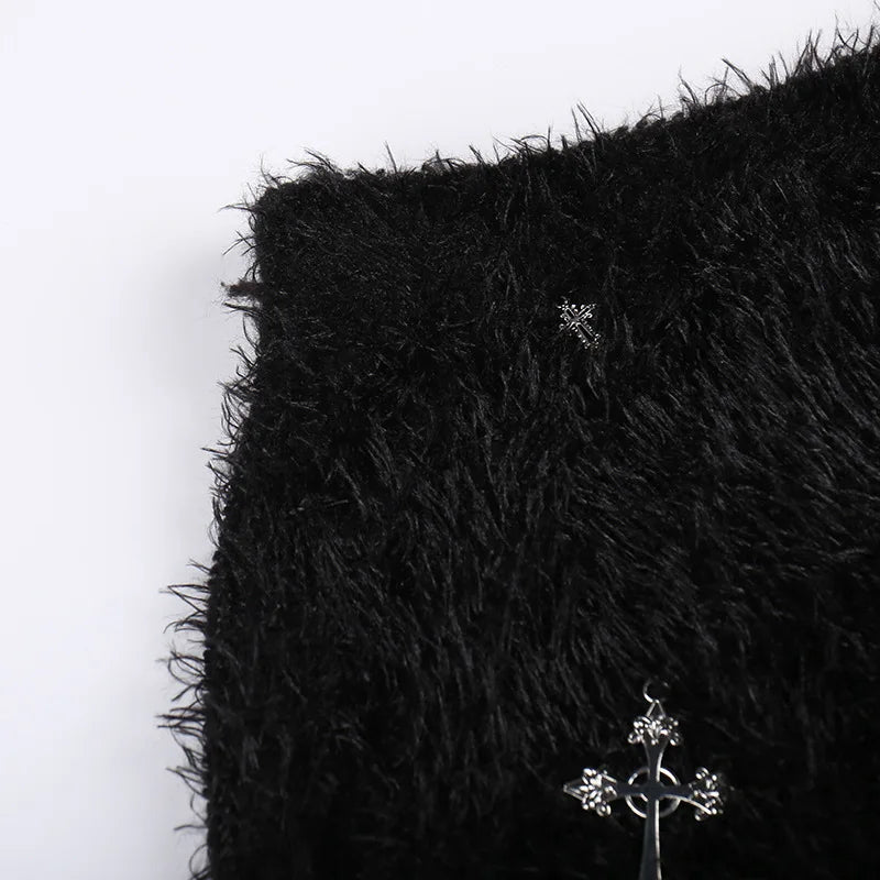 HLJ&GG Black Sexy Y2K Punk Tassels Two Piece Sets Women Chain Lace Up Slim Tube And Fur Mini Skirts Outfits Fashion Streetwear