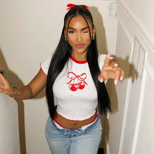 STYLISH LADY Cherry Printed Crop Tops 2025 Summer Women Short Sleeve O Neck Slim Ribbed Contrast Color Casual Street T Shirts