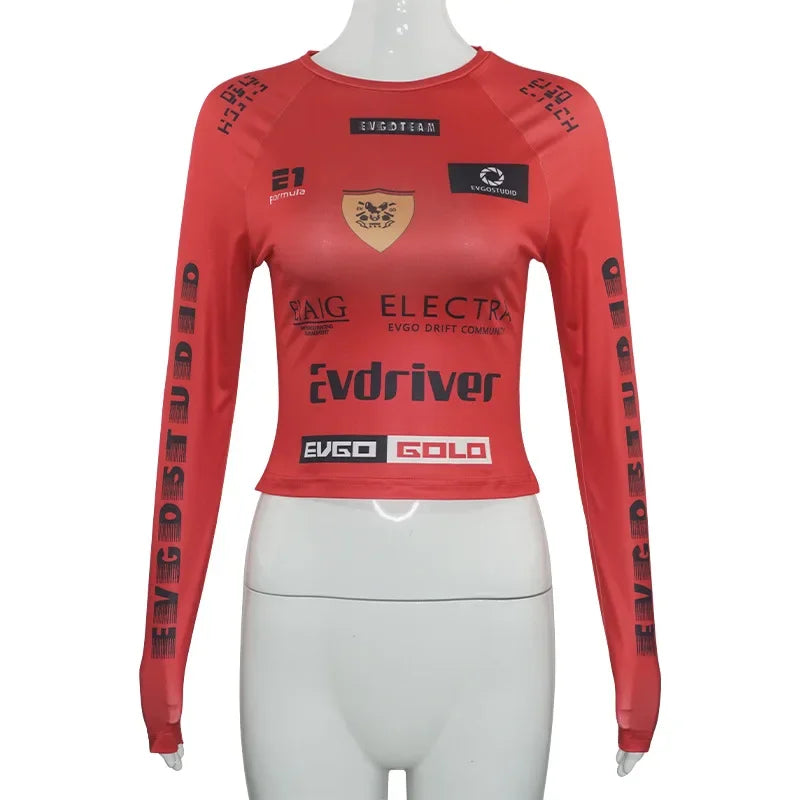 HLJ&GG Y2K Hot Girl Fashion Streetwear Women Letter Print O Neck Long Sleeve Slim Crop Top+Low waist Belt Leather Shorts Outfits