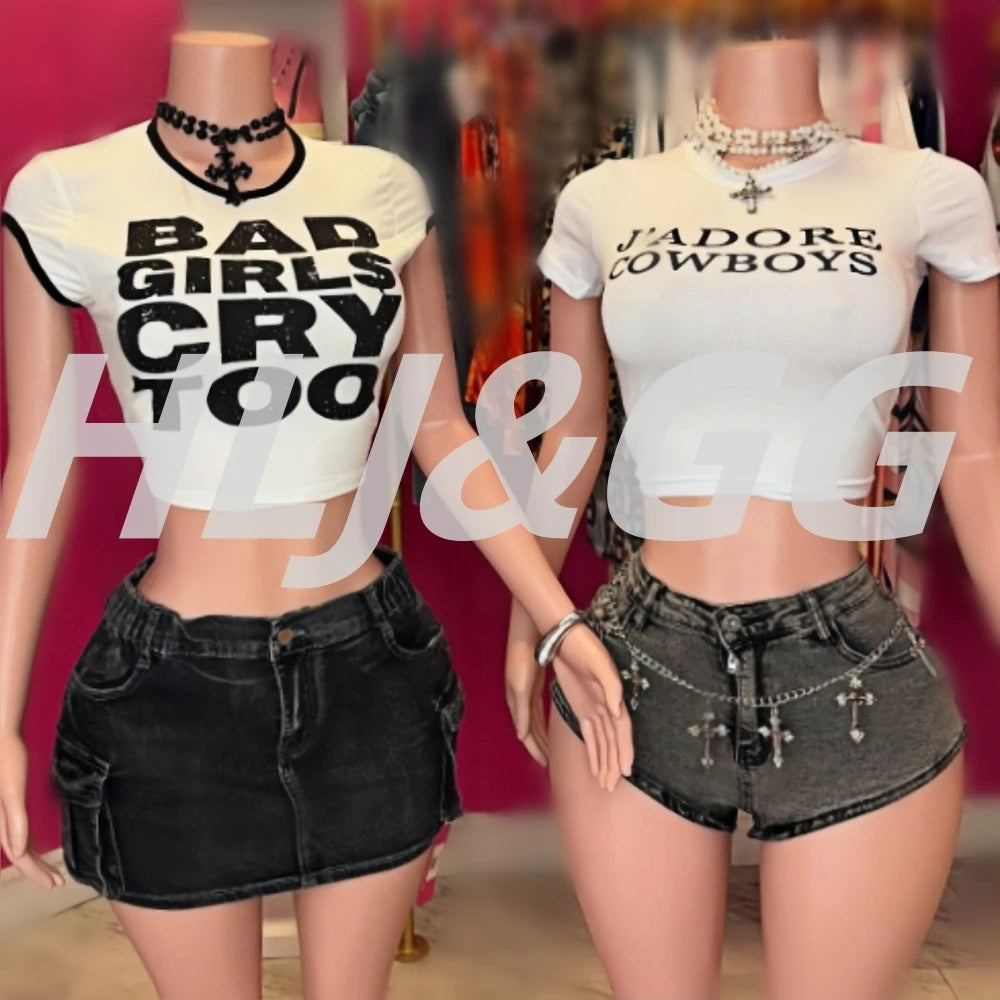 HLJ&GG Summer New Letter Print Tshirts Two Piece Sets Women O Neck Short Sleeve Crop Top And jeans Mini Skirts Outfit Streetwear