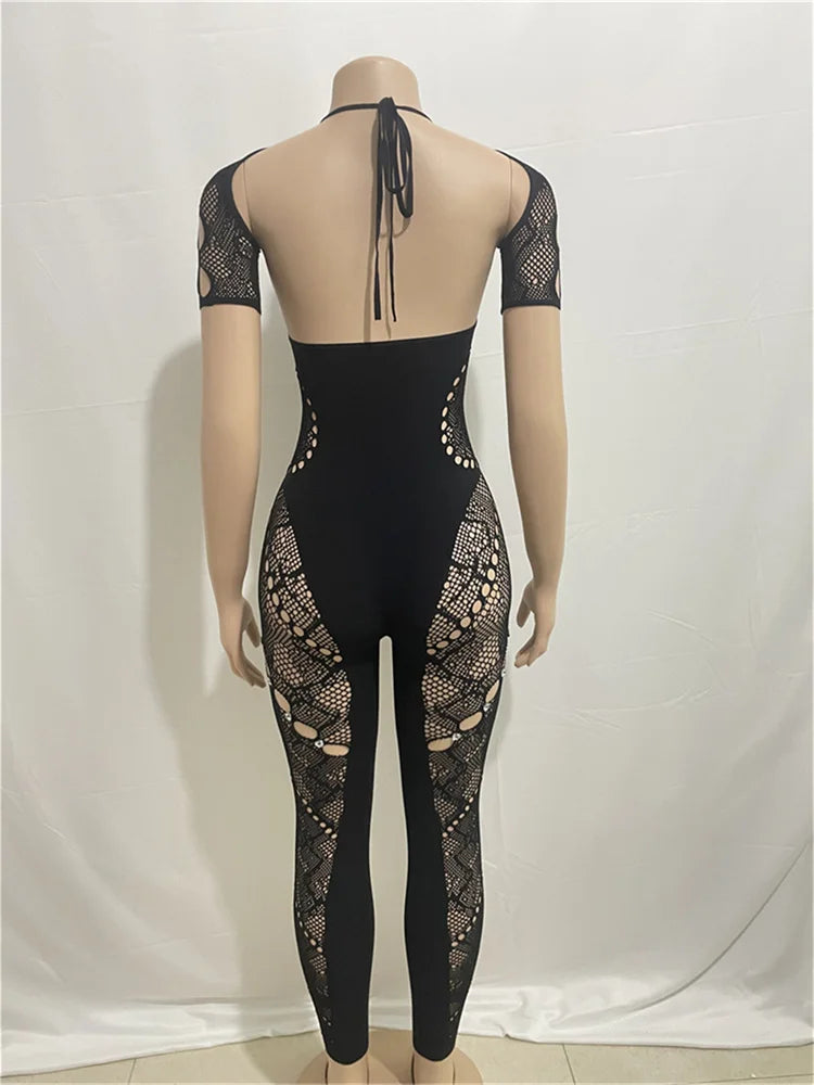 Weird Puss Rhinestone Embellished Women Jumpsuit Backless Halter Hollow Sheer Sexy Slim One Pieces Bodycon Hottie Party Clubwear