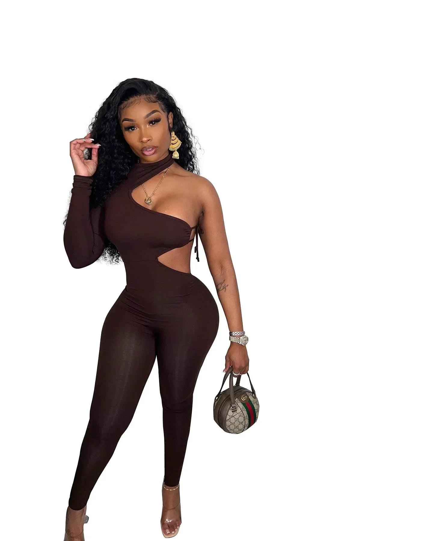 CM.YAYA Women Sexy Party Club Tie Up Open Side One Shoulder One Long Sleeve Jumpsuit Skinny Solid One Piece Overall Set Outfits