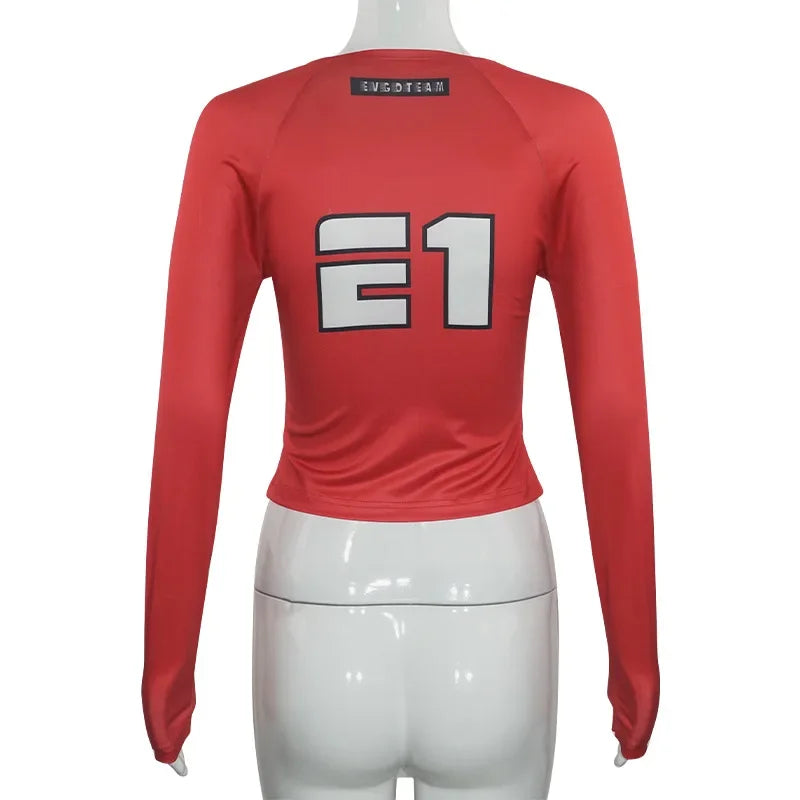 HLJ&GG Y2K Hot Girl Fashion Streetwear Women Letter Print O Neck Long Sleeve Slim Crop Top+Low waist Belt Leather Shorts Outfits