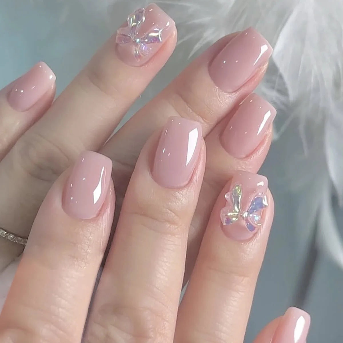 White French Press on Nails 3D Bowknot Fake Nails Tips Full Cover Wearable False Nails for Women and Girls DIY 24Pcs