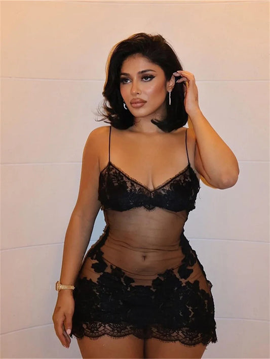 Weird Puss Y2K Party Lace Patchwork Dress Women Sexy 2025 Summer Trend Sleeveless Low-Neck Stretch Midnight Clubwear Bodycon