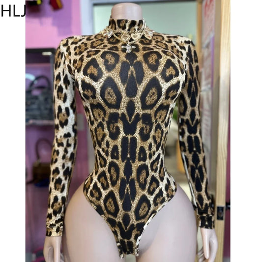 HLJ&GG Sexy Leopard Bodycon Bodysuits Women Turtleneck Long Sleeve Slim Romper Spring New Fashion One Piece Jumpsuit Clubwear