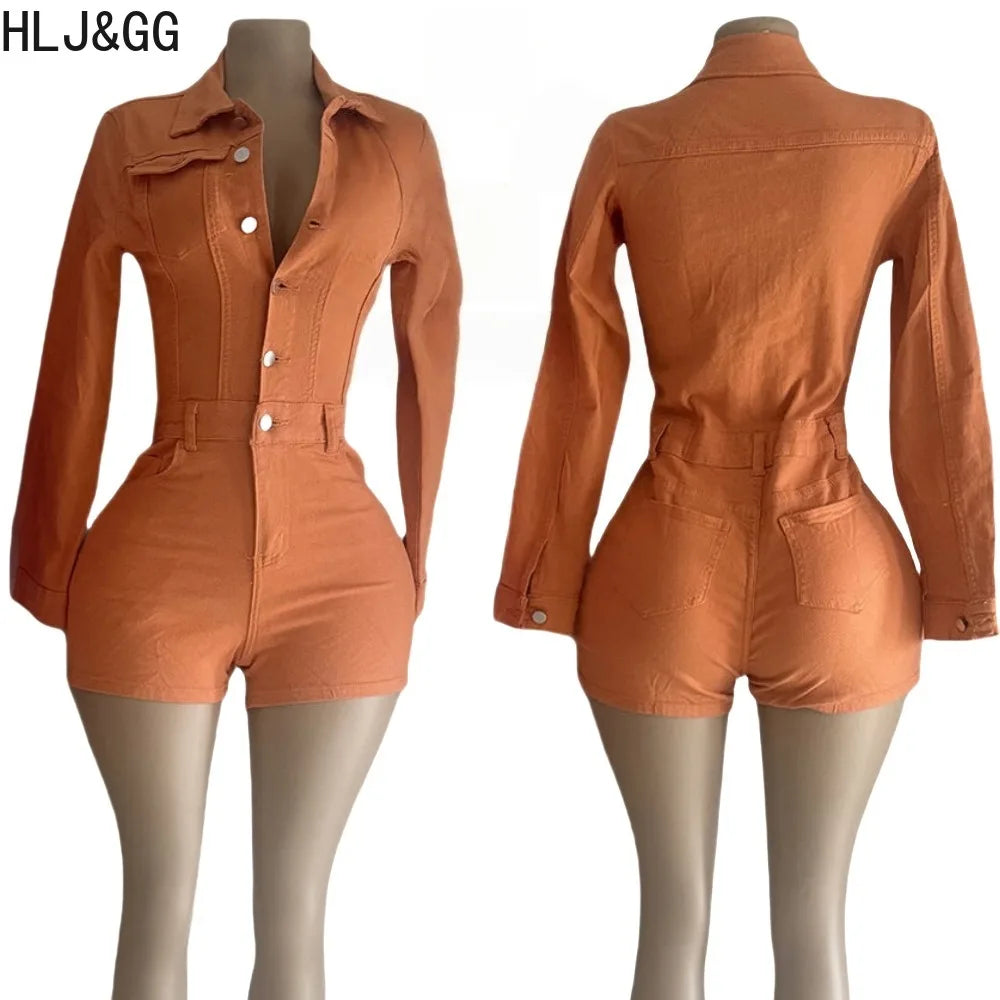 HLJ&GG Fashion Bodycon jeans Romper ladies Solid Color Long Sleeves One Piece Jumpsuit, Streetwear Overalls 2025 Summer New