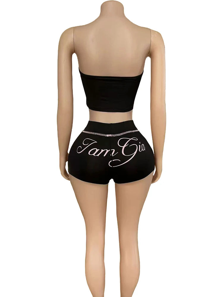 Weird Puss Letter Print Women 2 Piece Set Tracksuit Letter Print Strapless Tos+Shorts Matching Streetwear Skinny Stretch Outfits