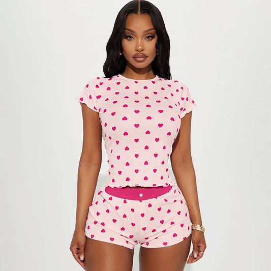 STYLISH LADY Heart Printed 2 Piece Set Women Short Sleeve Crop Top and Shorts Suits 2025 Summer Valentine's Day Home Sleepwear