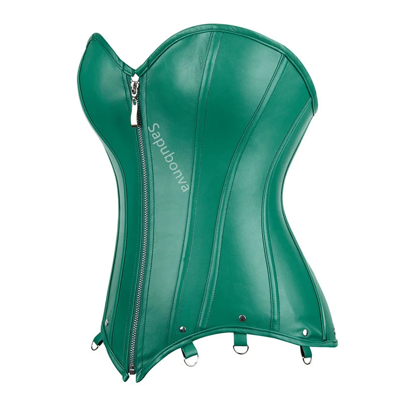 Corset Leather Zipper Plus Size Top Pirate Bustier Overbust Lingerie Burlesque Costumes Lace Up Sexy Women Black Red Green