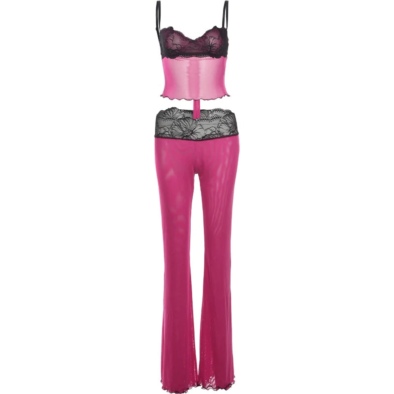 Weird Puss Mesh Patchwork 2 Piece Set Women Sexy Cleavage Sleeveless Crop Tops+Leopard Print Skinny Pants Street Wild Trend Suit