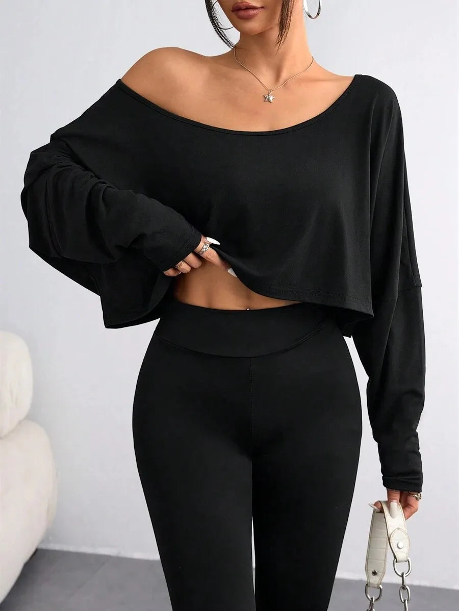 Women'S Black Long Sleeve Blouse T-shirt Casual Asymmetrical Neck Strapless Top for Sporty