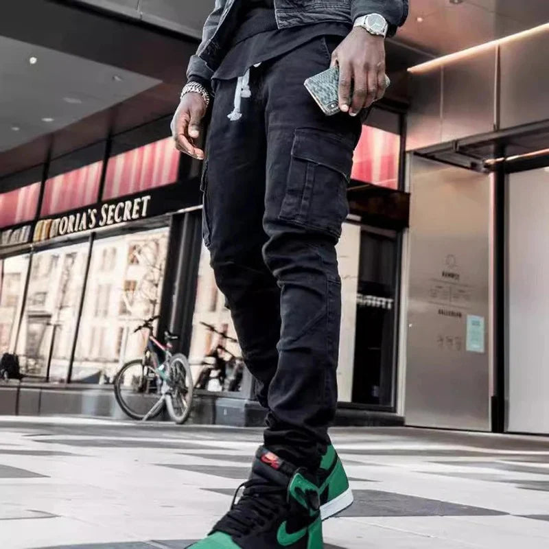 Men Street Elastic Denim Wash Solid Color Multi Pockets Cargo Pants Casual Slim Fit Daily Wear Joggers Mid Waist Trousers