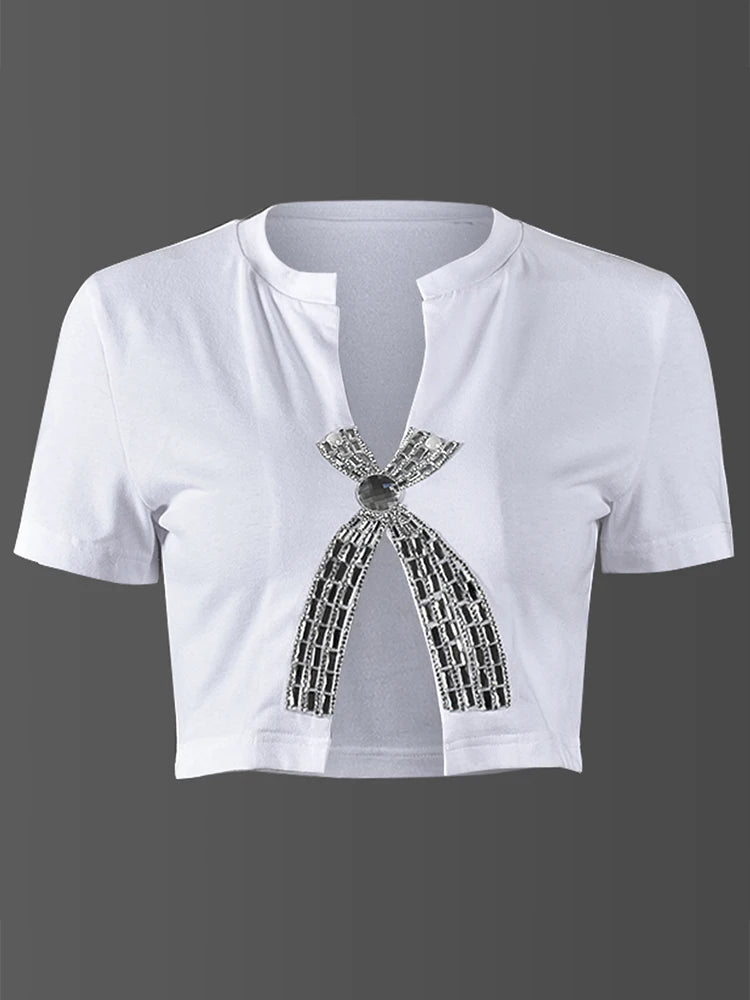 Weird Puss Open Split Women Tees Rhinestone Decoration Low Neck Slim Mini Wild Tops Sexy Hot Girls Nightout High Street Clubwear