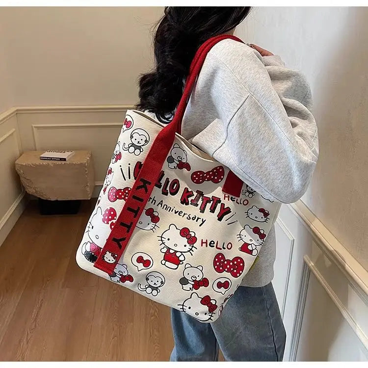 New Model Hello Kitty Cartoon Canvas Bag Cute Commuter Versatile One-Shoulder Tote Bag Large-Capacity Storage Bag