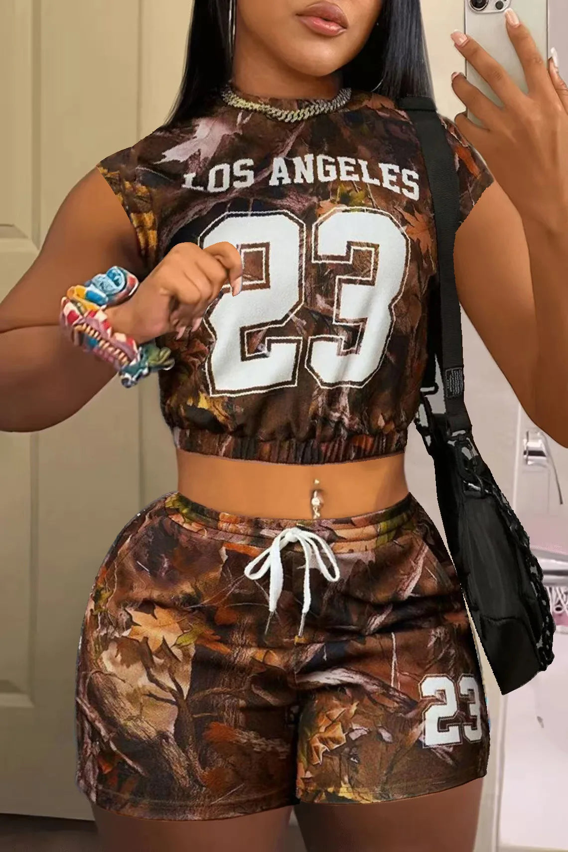 HLJ&GG Summer New Printing Drawstring Shorts Two Piece Sets Women Round Neck Short Sleeve Crop Top And Shorts Outfits Streetwear