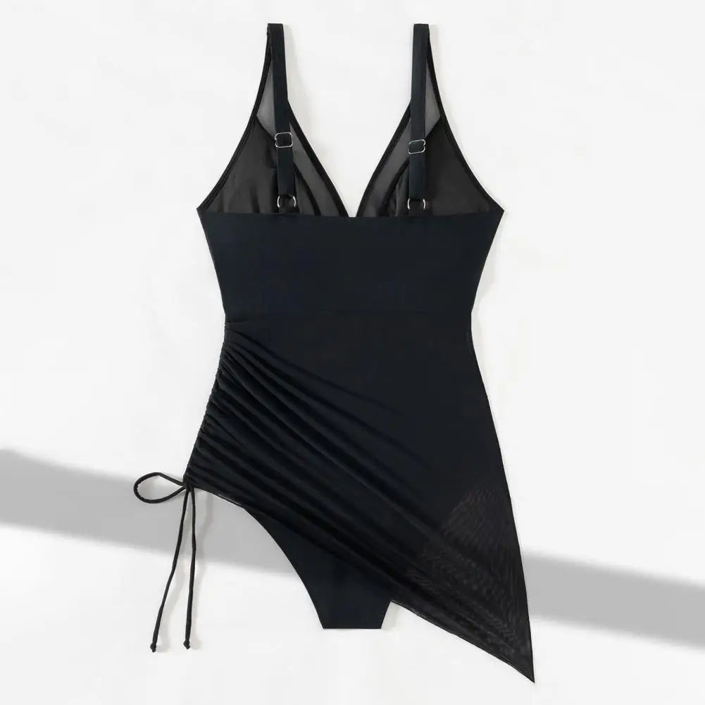 One Piece Women's Swimsuit Solid Color V Neck Tummy Control Swimwear Sexy Mesh Sheer Wrap Bathing Suit For Beach Vacation
