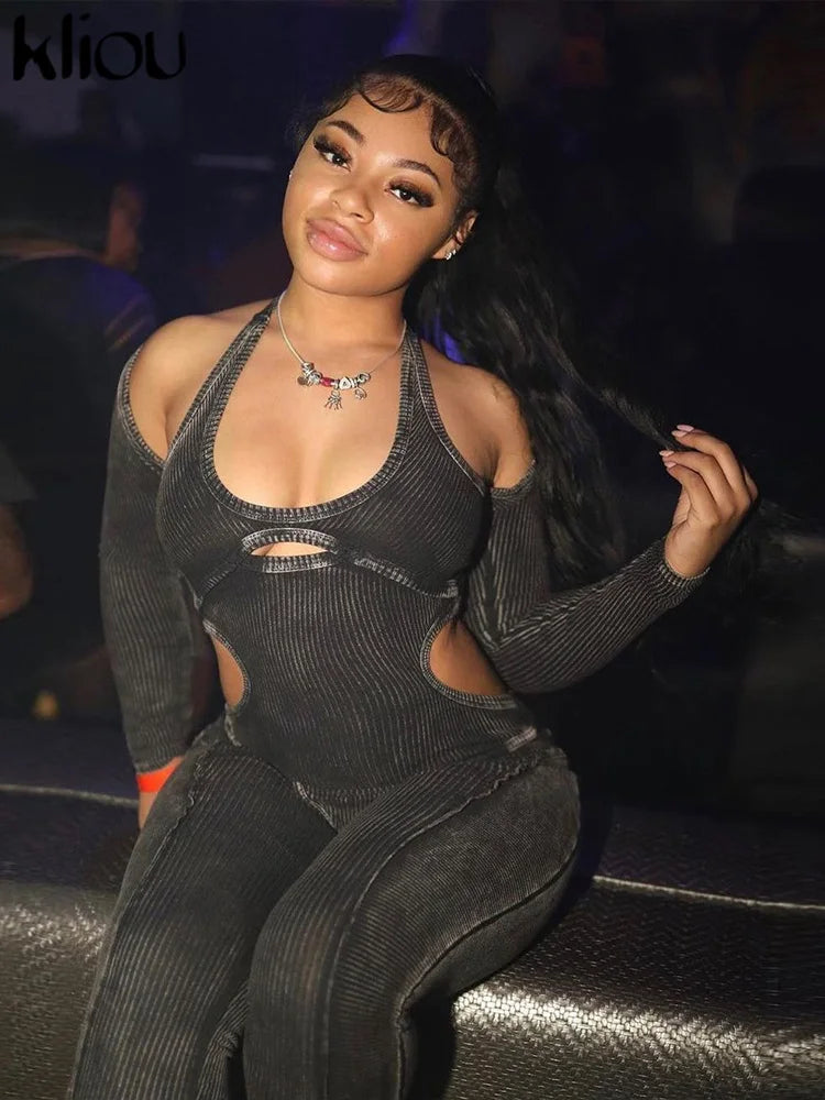 kliou Pure Cotton Jumpsuits ladies Halter Sexy Hollow Out Striped Folds Slim Fit Sexy Cleavage Overalls Stage Attirewear
