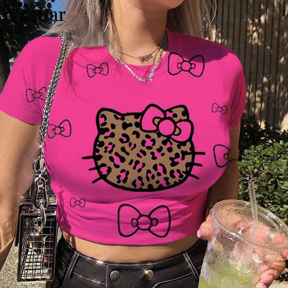 Women's Clothing Short Sleeved T-shirt Slim Fit Top Women's Clothes Pink Hello Kitty Printed Crop Top T-shirt Girls Street Wear